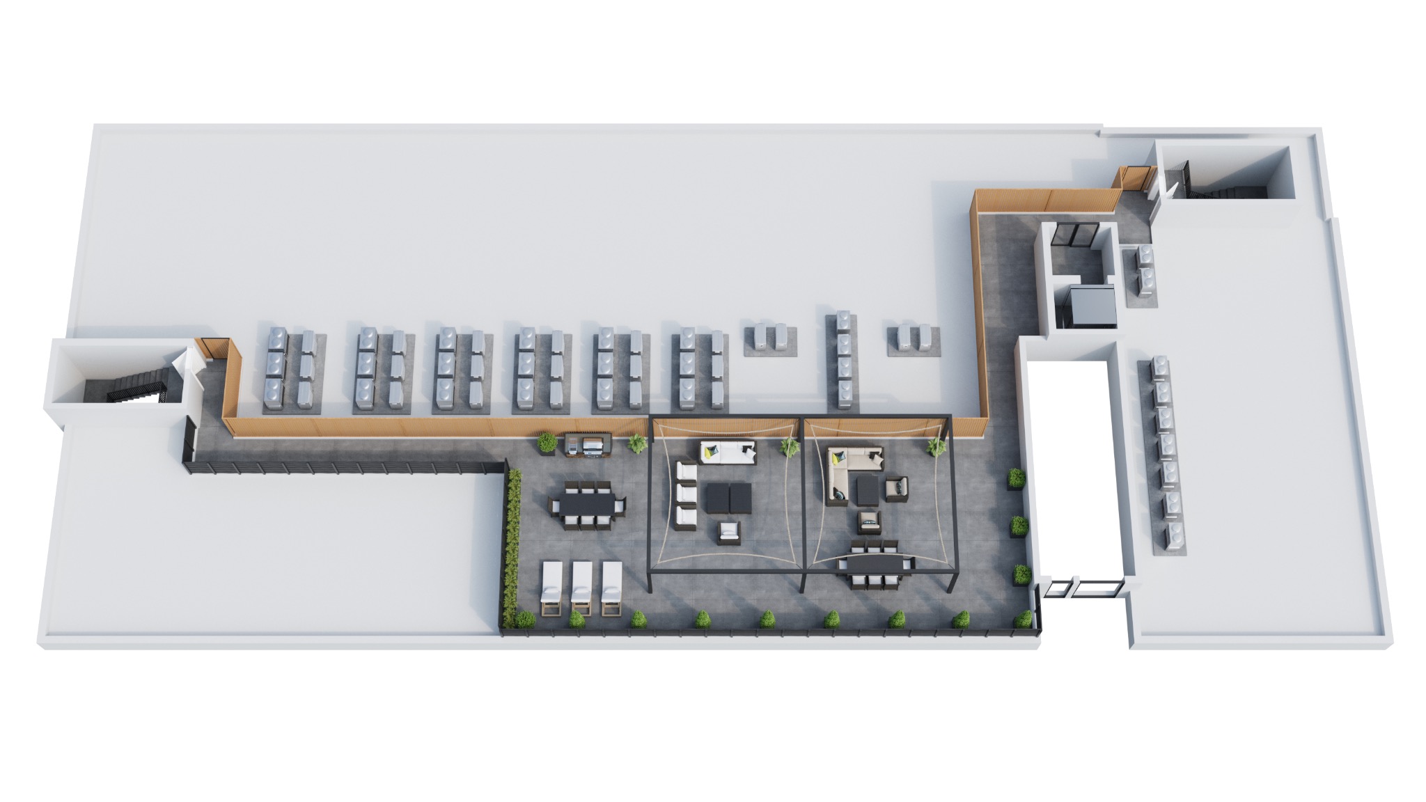 Harkness rooftop amenity plan with lounge seating and outdoor kitchen